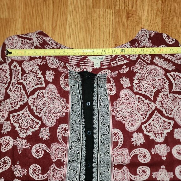 Lucky Brand Womens M Burgundy BOHO Paisley Print Chiffon Blouse Top Hippie Flowy - Picture 14 of 16